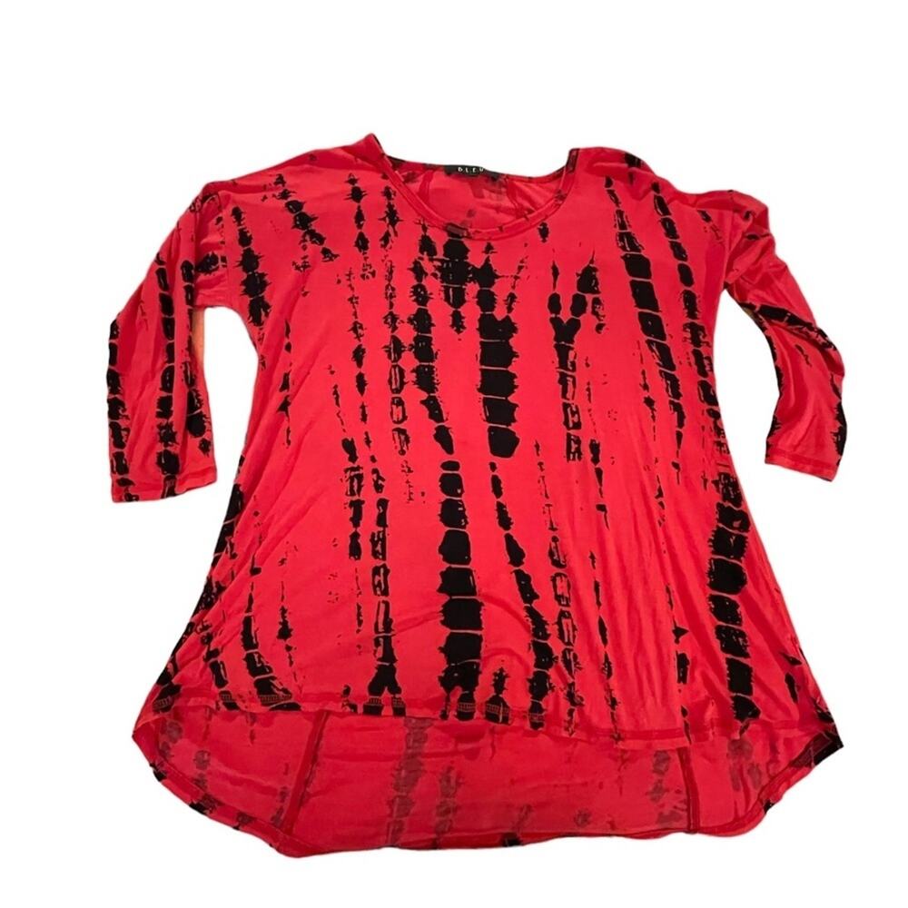 B.L.E.U. Tunic Top Women Medium Casual Tie Dye 3/4 Sleeves Stretchy Red Black